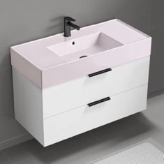 Floating Bathroom Vanity, Modern, 40 inch, Pink Ceramic Sink